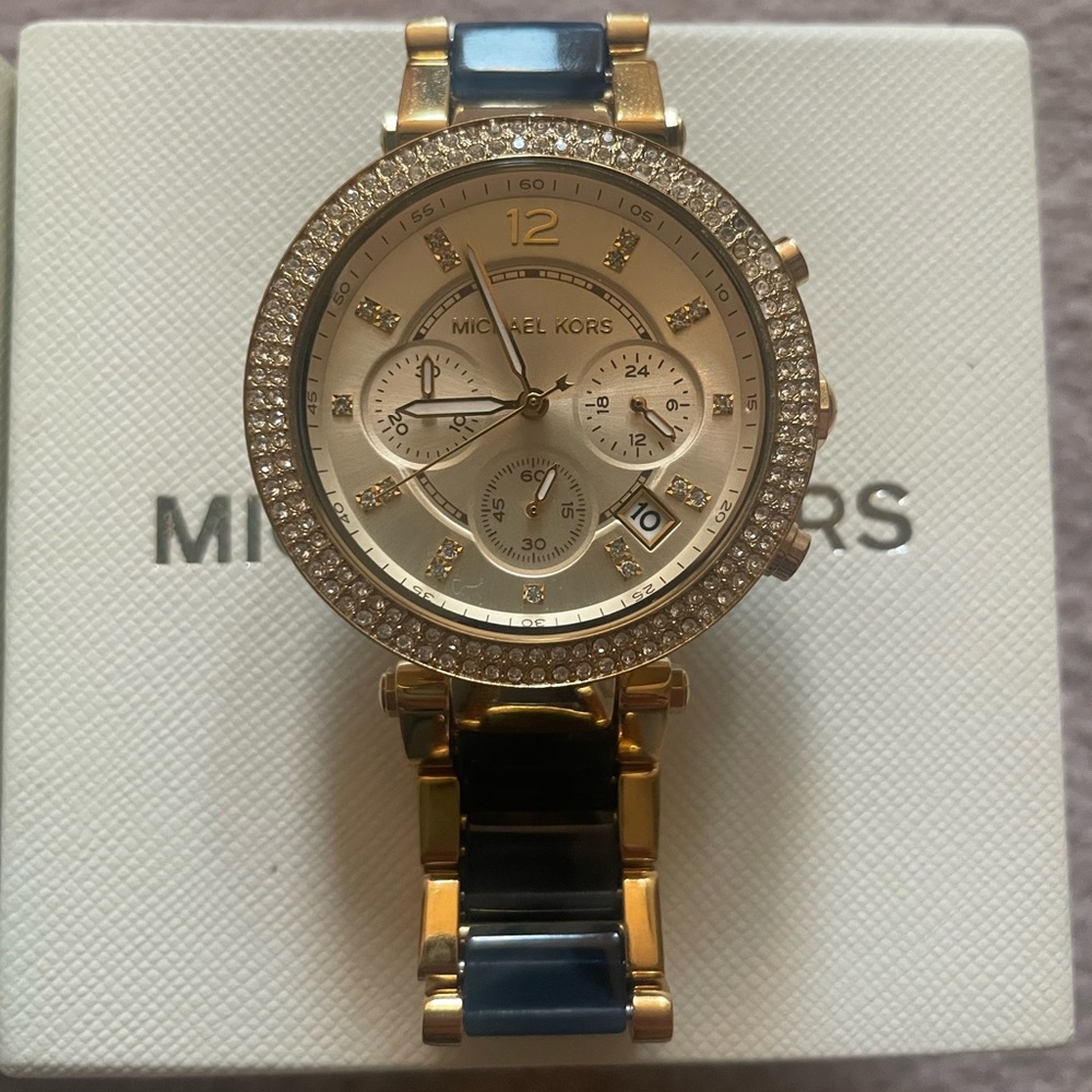 Michael Kors blue and gold rhinestone watch